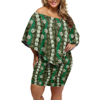 Pikake Maile Tiare Lei Family Matching Off Shoulder Short Dress and Hawaiian Shirt Omaomao Lauhala Pattern LT01 Mom's Dress Green - Polynesian Pride
