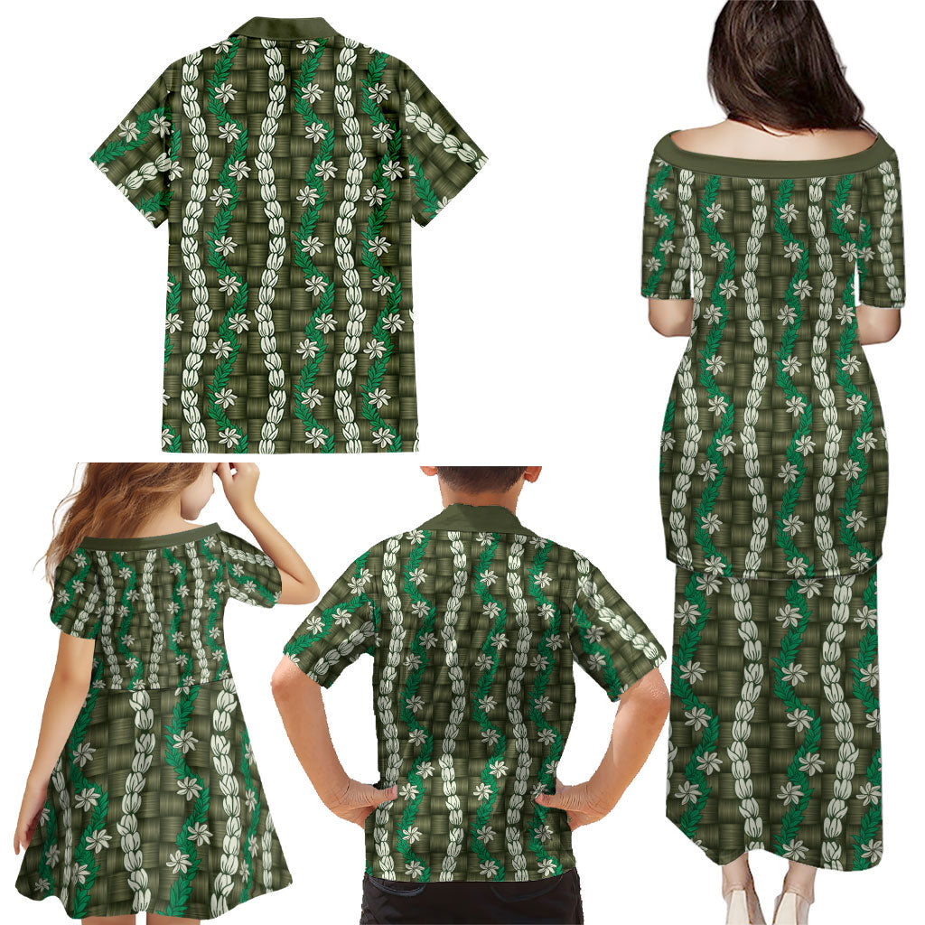 Pikake Maile Tiare Lei Family Matching Puletasi and Hawaiian Shirt Omaomao Lauhala Pattern LT01 - Polynesian Pride