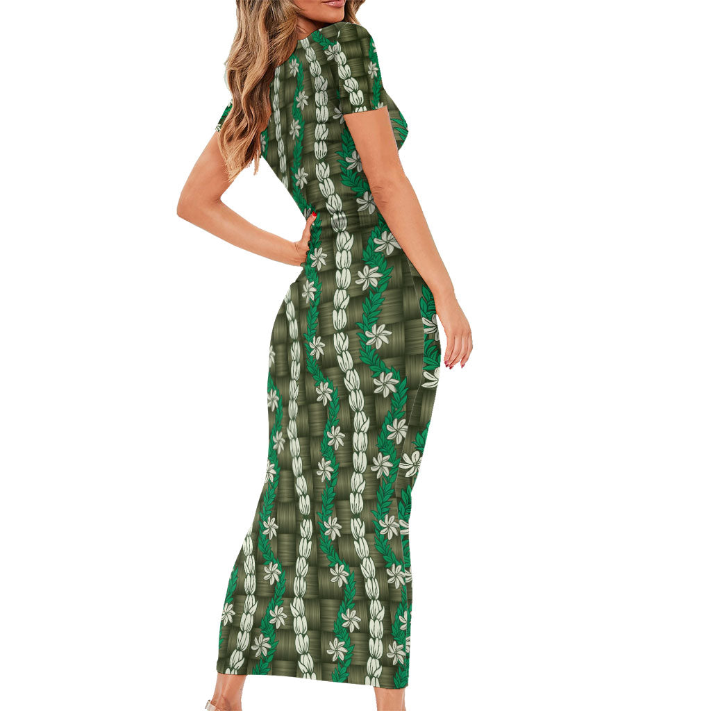 Pikake Maile Tiare Lei Family Matching Short Sleeve Bodycon Dress and Hawaiian Shirt Omaomao Lauhala Pattern LT01 - Polynesian Pride
