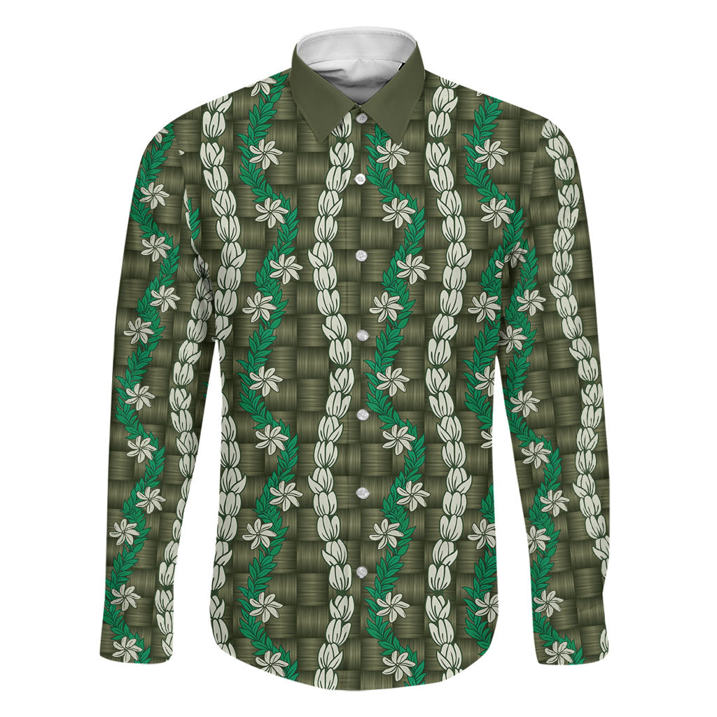 Pikake Maile Tiare Lei Family Matching Summer Maxi Dress and Hawaiian Shirt Omaomao Lauhala Pattern LT01 Dad's Shirt - Long Sleeve Green - Polynesian Pride