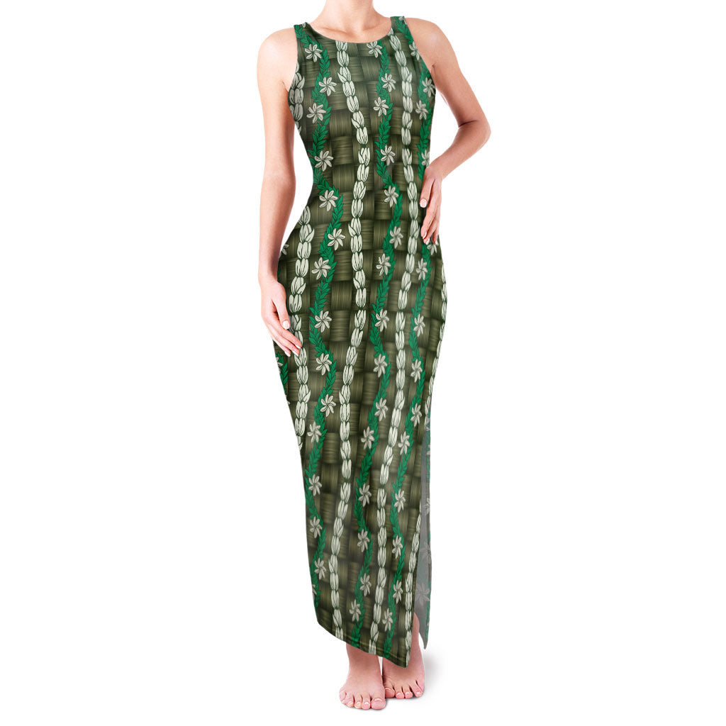 Pikake Maile Tiare Lei Family Matching Tank Maxi Dress and Hawaiian Shirt Omaomao Lauhala Pattern LT01 Mom's Dress Green - Polynesian Pride