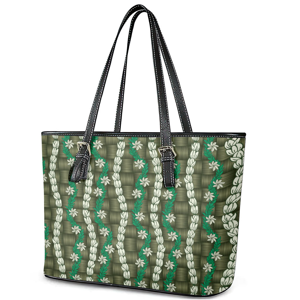 Pikake Maile Tiare Lei Leather Tote Bag Omaomao Lauhala Pattern