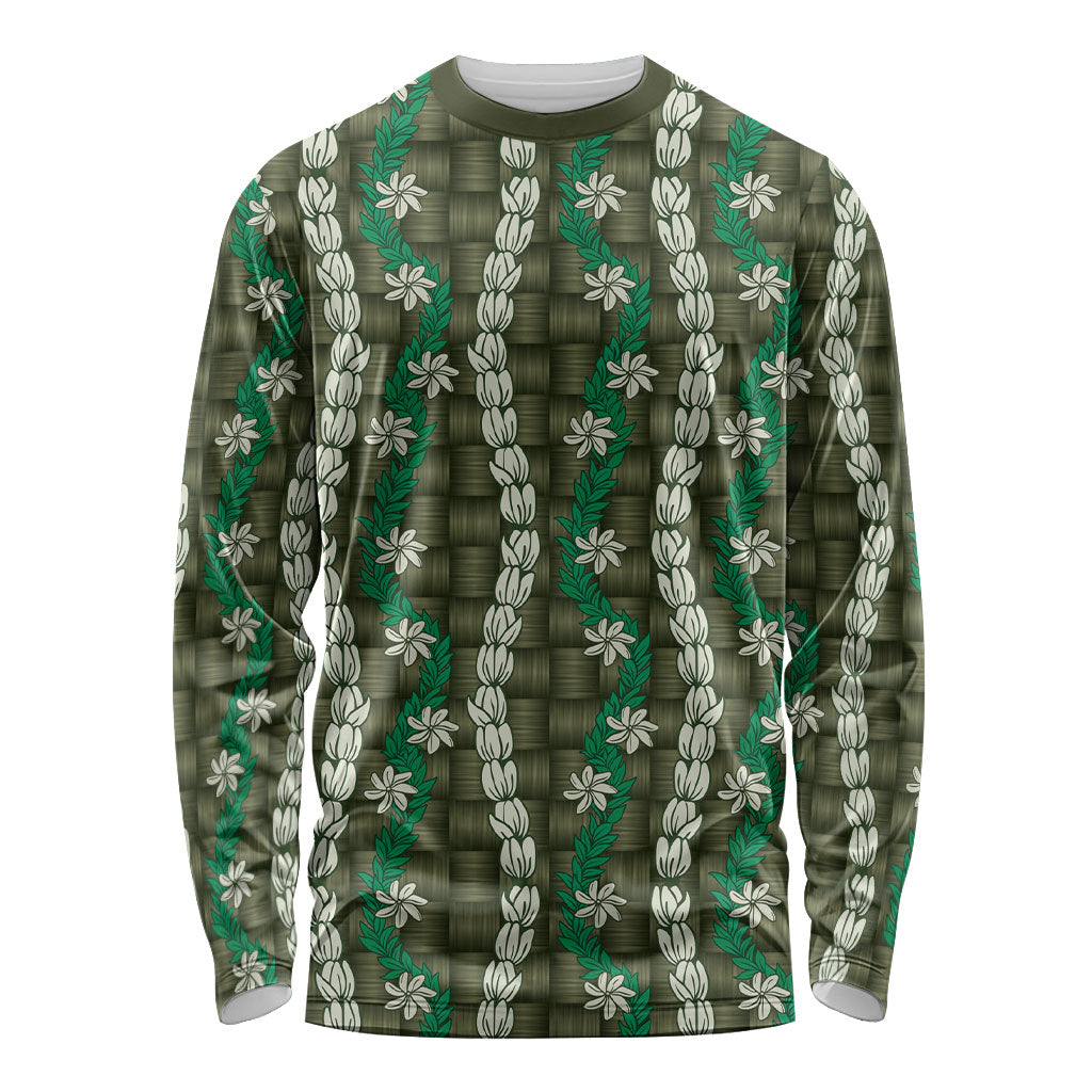 Pikake Maile Tiare Lei Long Sleeve Shirt Omaomao Lauhala Pattern LT01 Unisex Green - Polynesian Pride