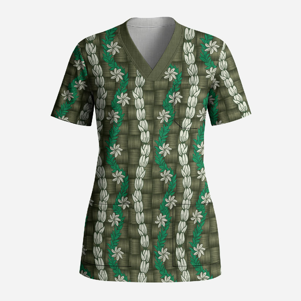 Pikake Maile Tiare Lei Scrub Top Omaomao Lauhala Pattern LT01 Adult Green - Polynesian Pride