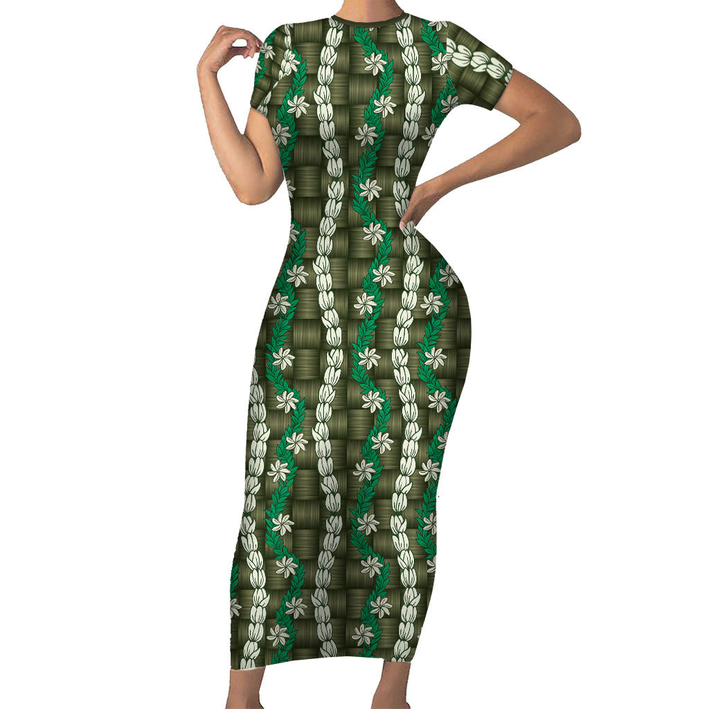 Pikake Maile Tiare Lei Short Sleeve Bodycon Dress Omaomao Lauhala Pattern LT01 Long Dress Green - Polynesian Pride