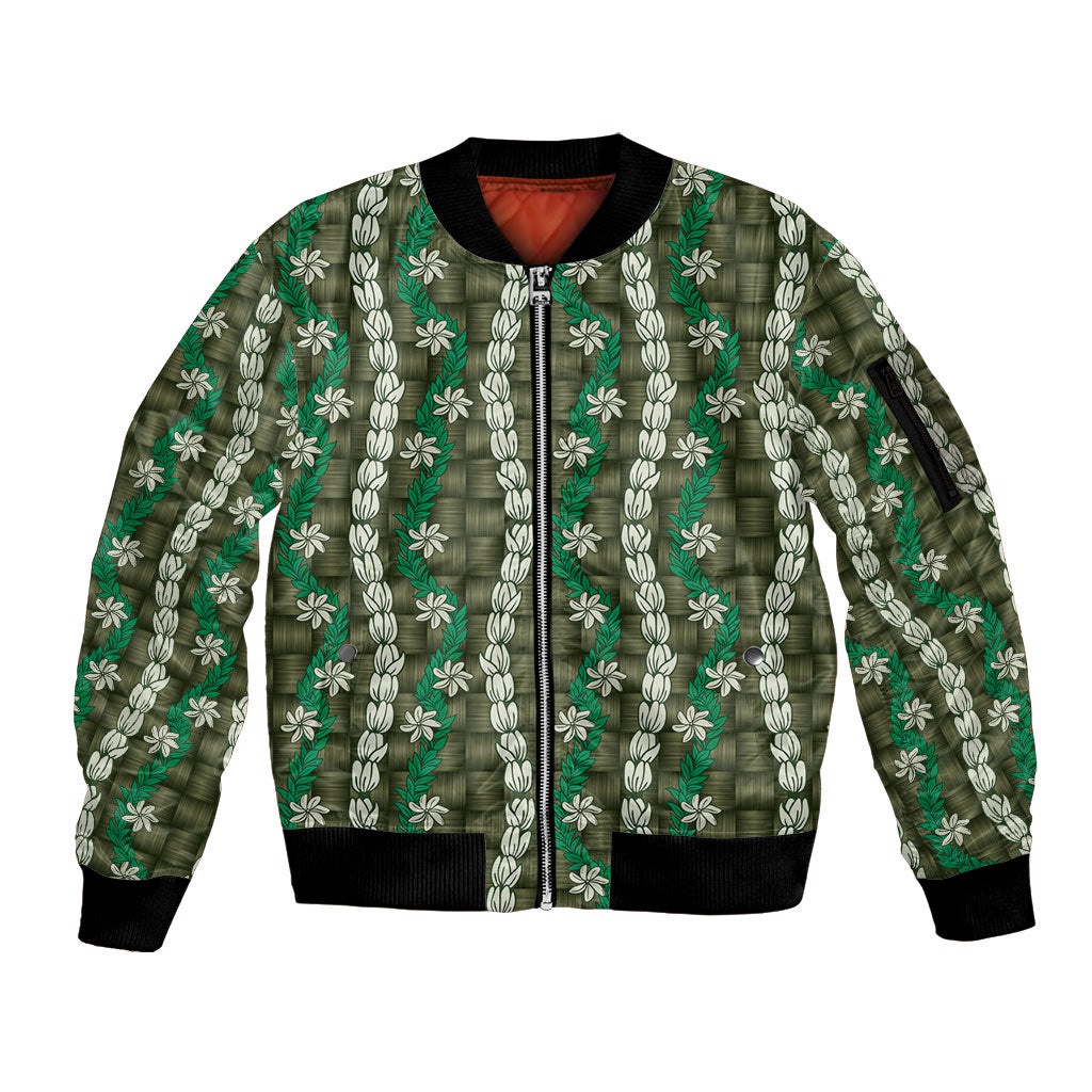 Pikake Maile Tiare Lei Sleeve Zip Bomber Jacket Omaomao Lauhala Pattern LT01 Unisex Green - Polynesian Pride
