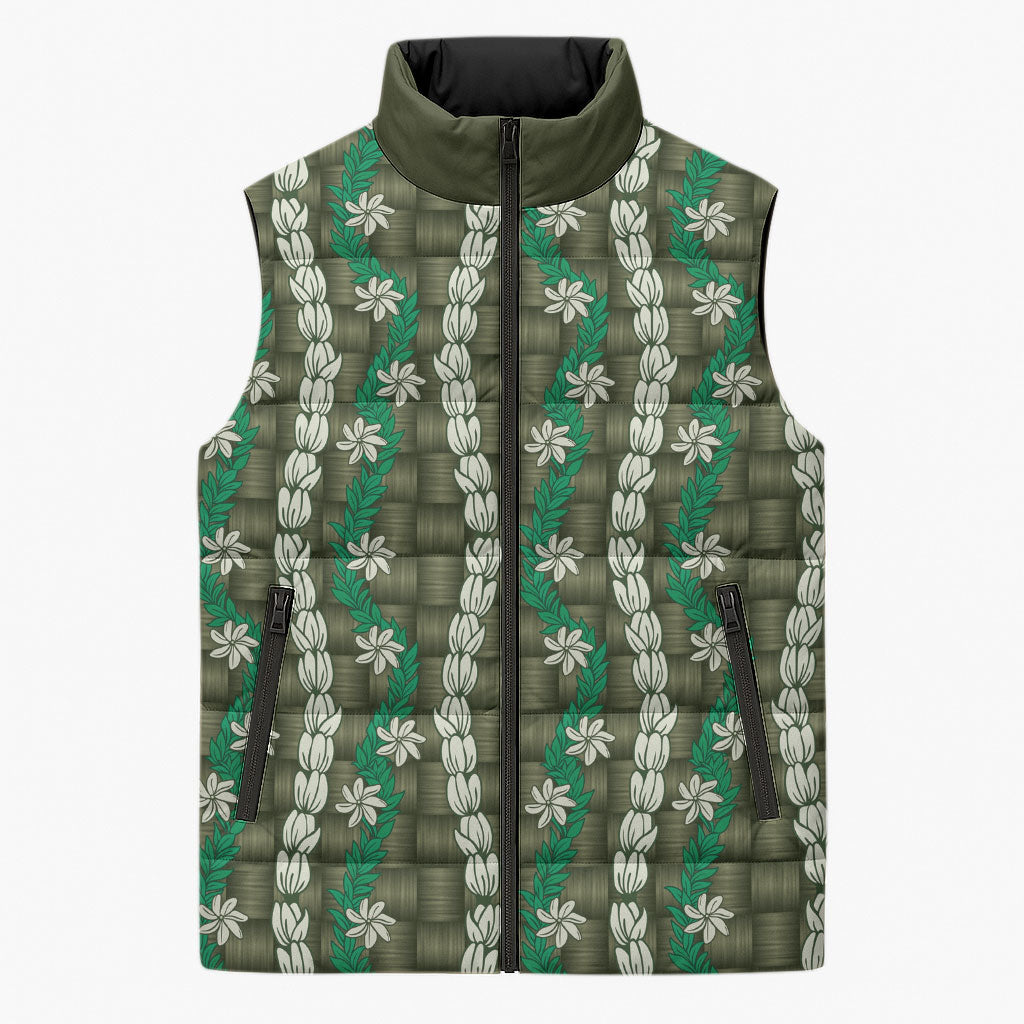 Pikake Maile Tiare Lei Sleeveless Puffer Jacket Omaomao Lauhala Pattern LT01 Unisex Green - Polynesian Pride
