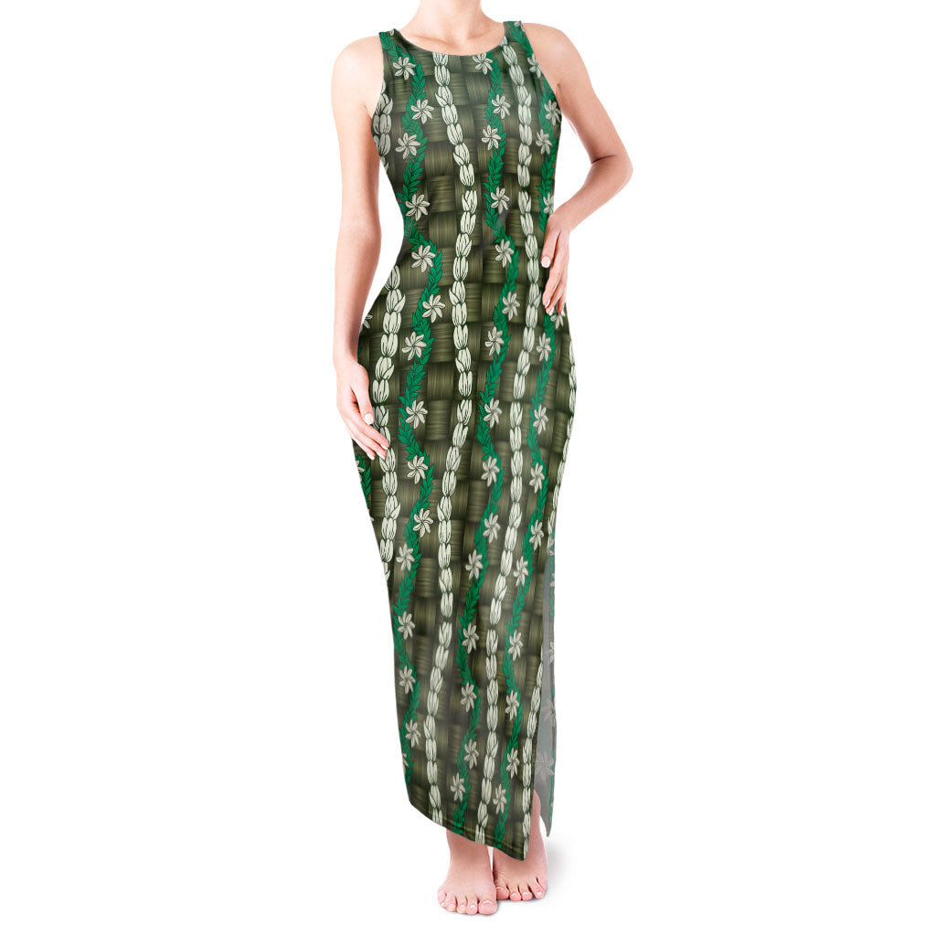Pikake Maile Tiare Lei Tank Maxi Dress Omaomao Lauhala Pattern LT01 Women Green - Polynesian Pride