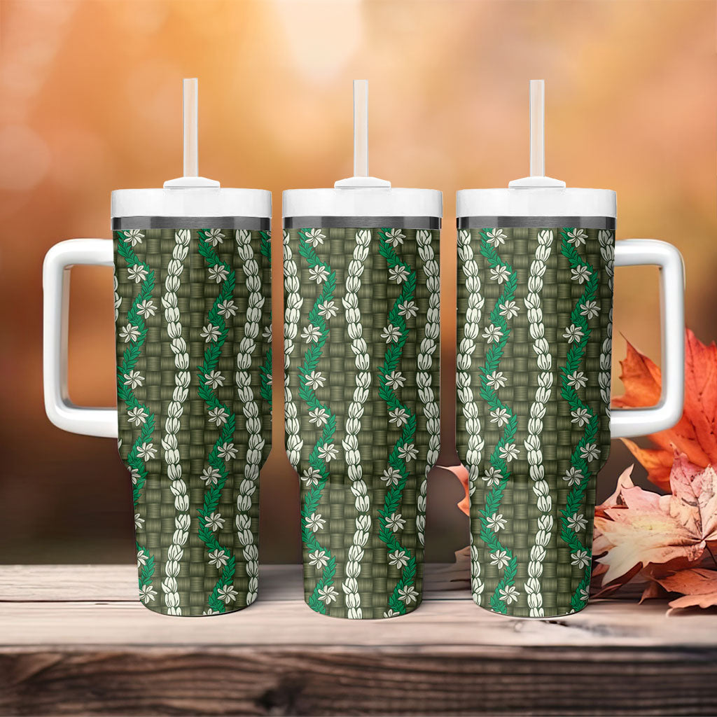 Pikake Maile Tiare Lei Tumbler With Handle Omaomao Lauhala Pattern