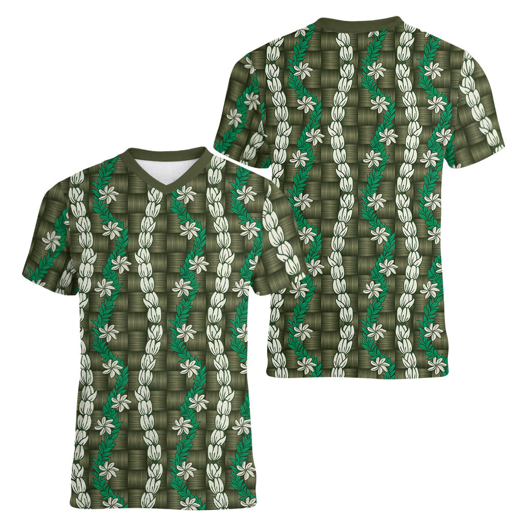 Pikake Maile Tiare Lei Women V-Neck T-Shirt Omaomao Lauhala Pattern LT01 - Polynesian Pride