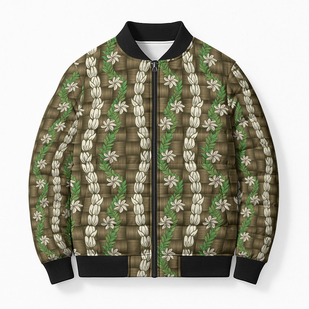Pikake Maile Tiare Lei Bomber Puffer Jacket Natural Lauhala Pattern