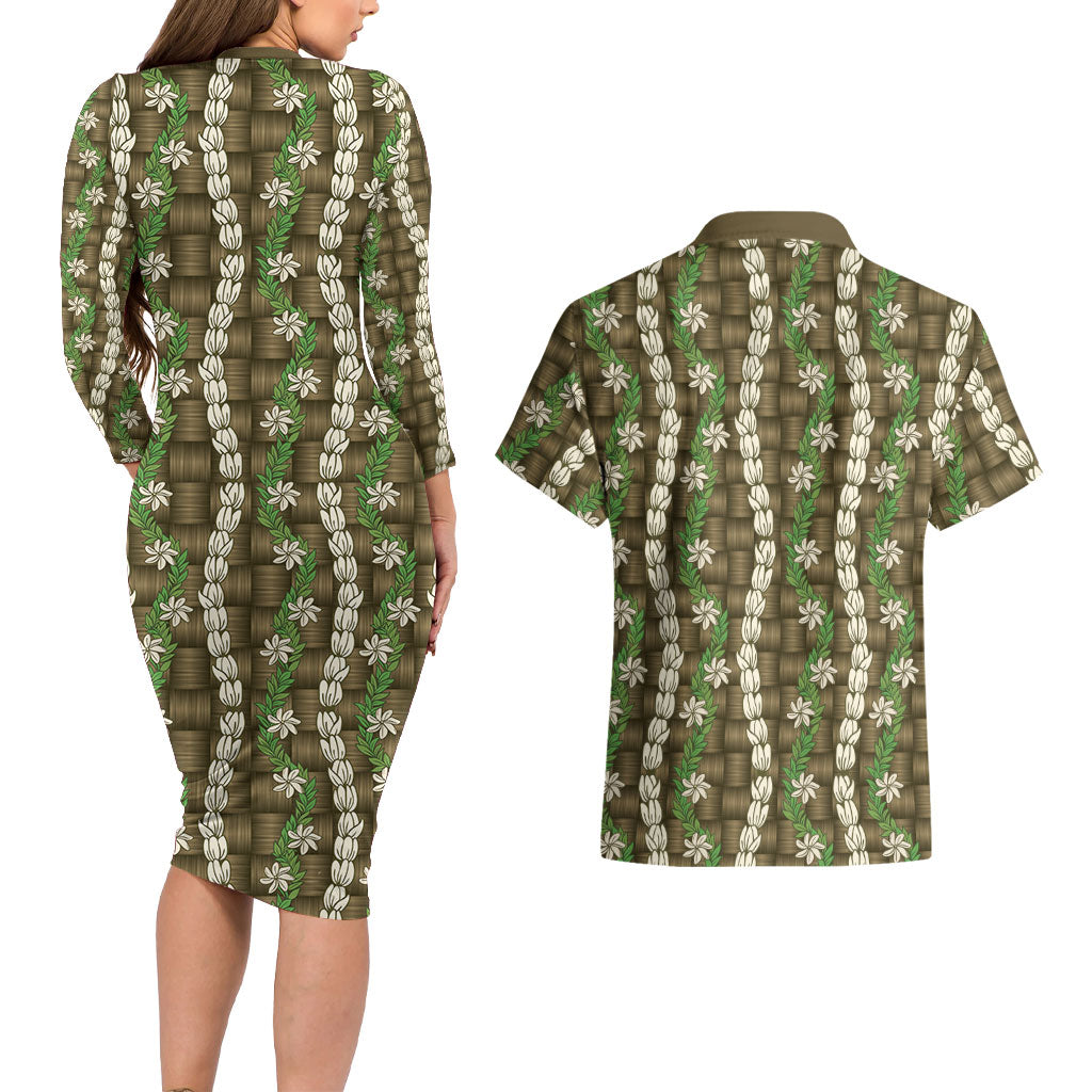 Pikake Maile Tiare Lei Couples Matching Long Sleeve Bodycon Dress and Hawaiian Shirt Natural Lauhala Pattern LT01 - Polynesian Pride