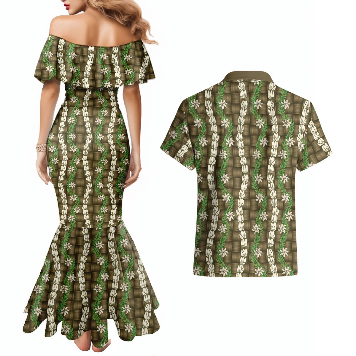 Pikake Maile Tiare Lei Couples Matching Mermaid Dress and Hawaiian Shirt Natural Lauhala Pattern