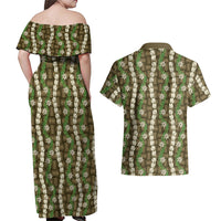Pikake Maile Tiare Lei Couples Matching Off Shoulder Maxi Dress and Hawaiian Shirt Natural Lauhala Pattern