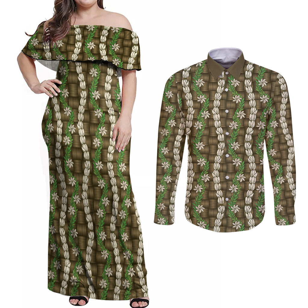 Pikake Maile Tiare Lei Couples Matching Off Shoulder Maxi Dress and Long Sleeve Button Shirt Natural Lauhala Pattern LT01 Brown - Polynesian Pride