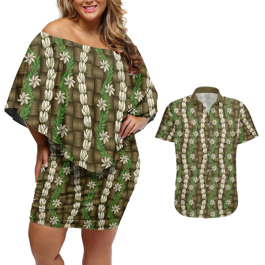 Pikake Maile Tiare Lei Couples Matching Off Shoulder Short Dress and Hawaiian Shirt Natural Lauhala Pattern