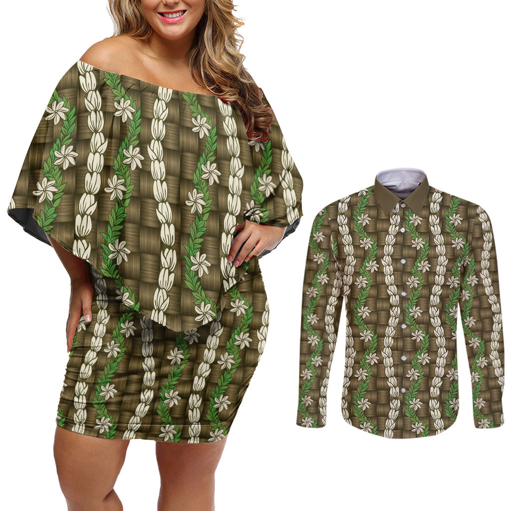 Pikake Maile Tiare Lei Couples Matching Off Shoulder Short Dress and Long Sleeve Button Shirt Natural Lauhala Pattern LT01 Brown - Polynesian Pride