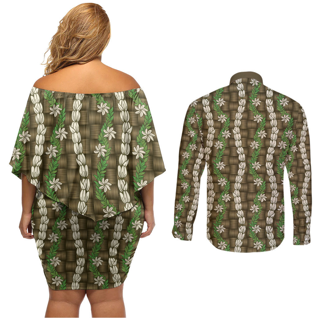 Pikake Maile Tiare Lei Couples Matching Off Shoulder Short Dress and Long Sleeve Button Shirt Natural Lauhala Pattern LT01 - Polynesian Pride