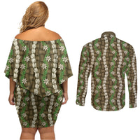 Pikake Maile Tiare Lei Couples Matching Off Shoulder Short Dress and Long Sleeve Button Shirt Natural Lauhala Pattern LT01 - Polynesian Pride