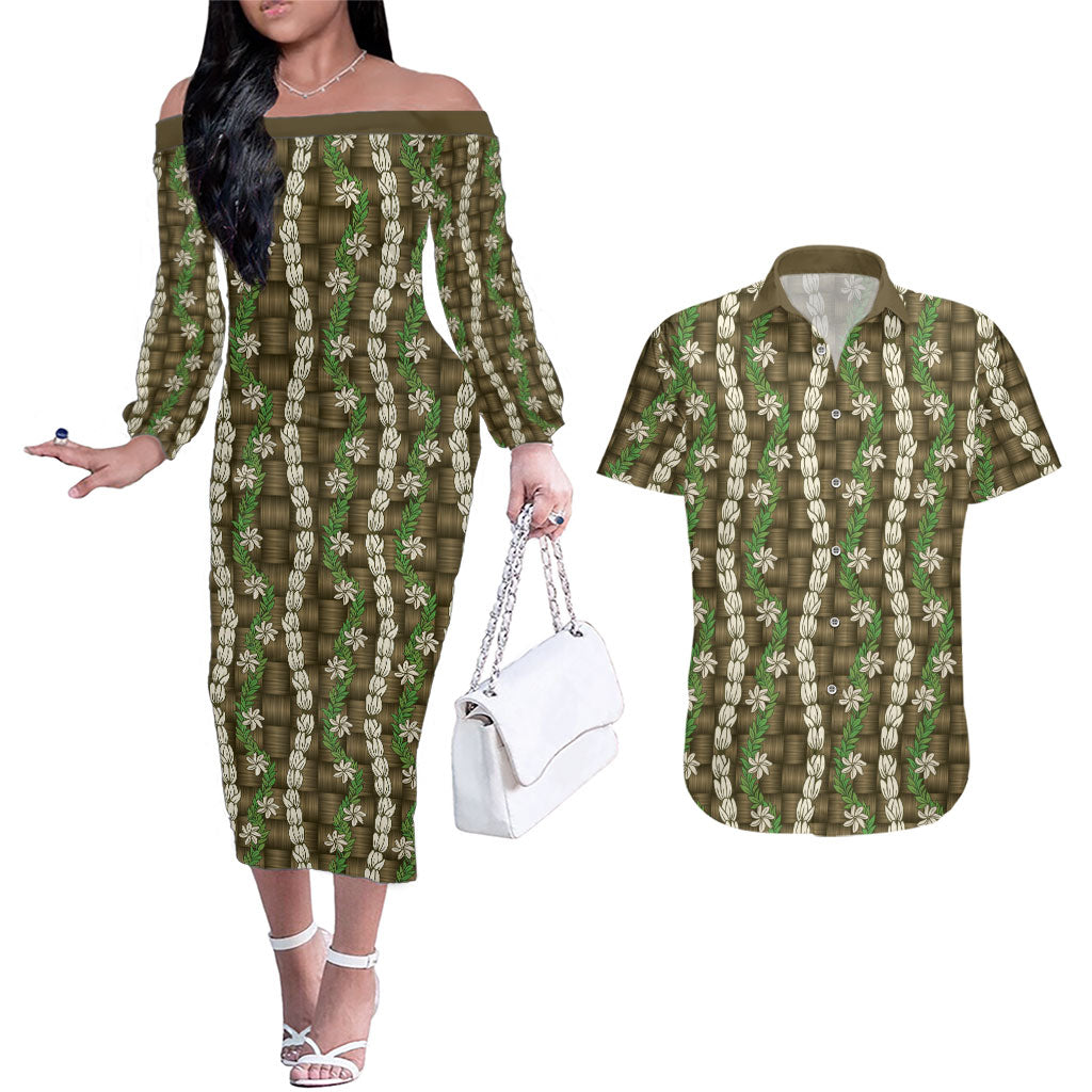 Pikake Maile Tiare Lei Couples Matching Off The Shoulder Long Sleeve Dress and Hawaiian Shirt Natural Lauhala Pattern LT01 Brown - Polynesian Pride