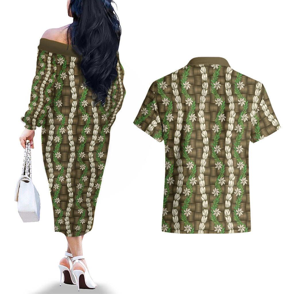 Pikake Maile Tiare Lei Couples Matching Off The Shoulder Long Sleeve Dress and Hawaiian Shirt Natural Lauhala Pattern LT01 - Polynesian Pride