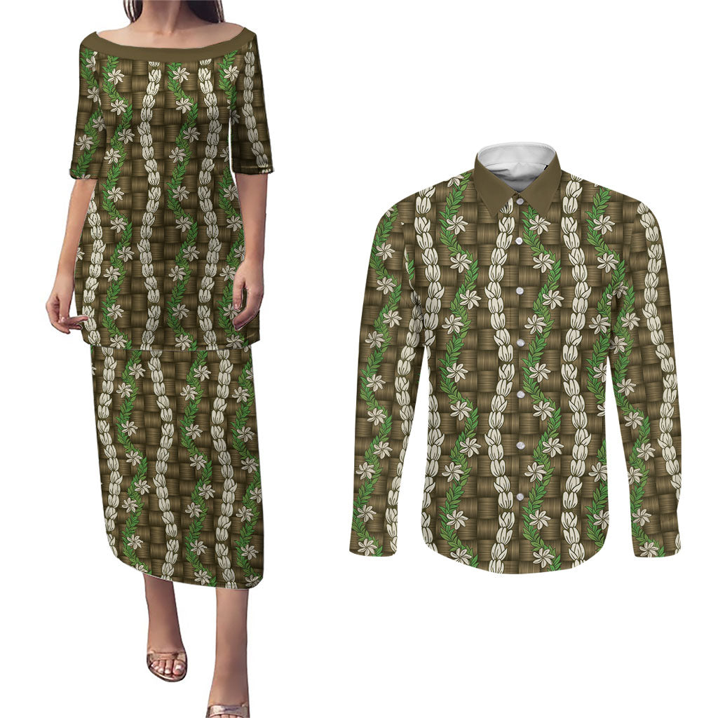 Pikake Maile Tiare Lei Couples Matching Puletasi and Long Sleeve Button Shirt Natural Lauhala Pattern LT01 Brown - Polynesian Pride