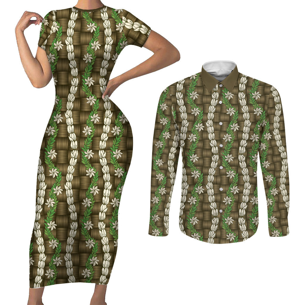 Pikake Maile Tiare Lei Couples Matching Short Sleeve Bodycon Dress and Long Sleeve Button Shirt Natural Lauhala Pattern LT01 Brown - Polynesian Pride