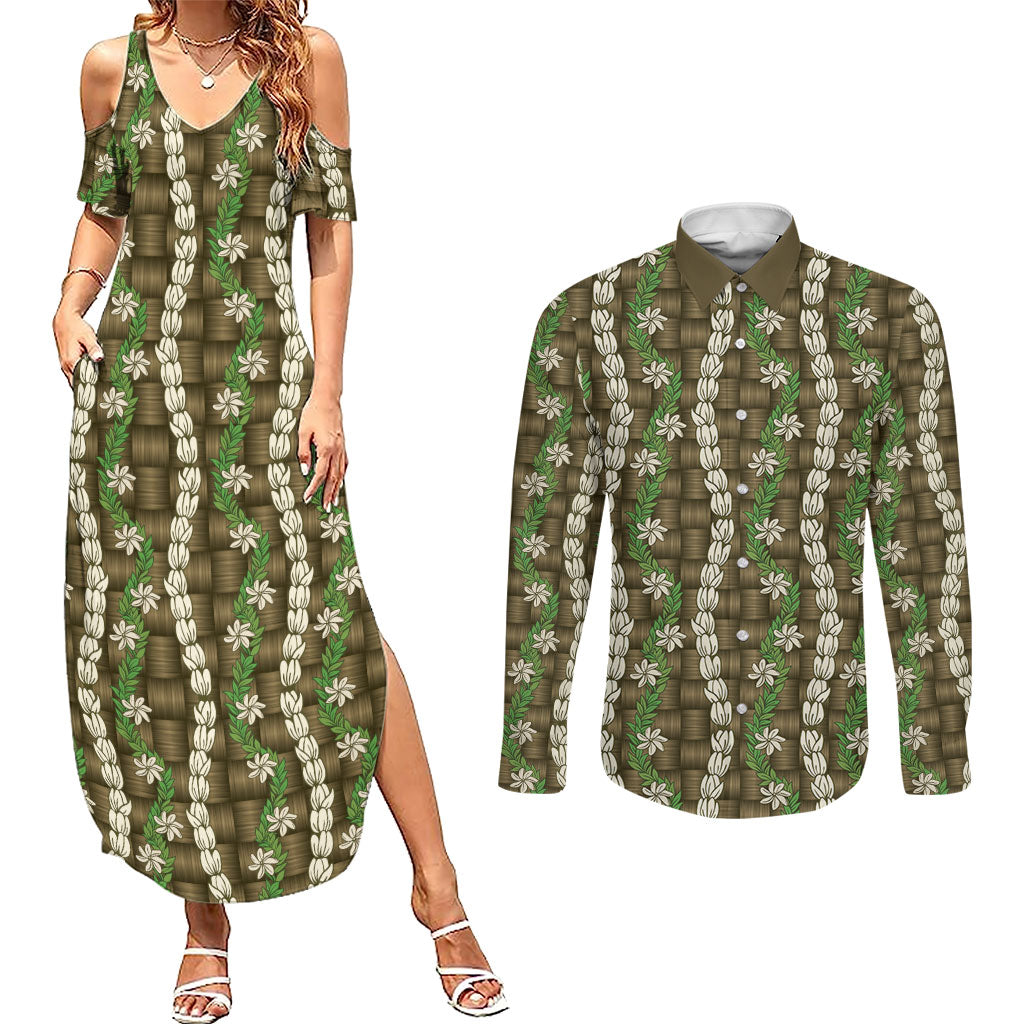Pikake Maile Tiare Lei Couples Matching Summer Maxi Dress and Long Sleeve Button Shirt Natural Lauhala Pattern LT01 Brown - Polynesian Pride