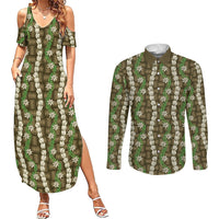 Pikake Maile Tiare Lei Couples Matching Summer Maxi Dress and Long Sleeve Button Shirt Natural Lauhala Pattern LT01 Brown - Polynesian Pride