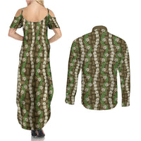 Pikake Maile Tiare Lei Couples Matching Summer Maxi Dress and Long Sleeve Button Shirt Natural Lauhala Pattern LT01 - Polynesian Pride