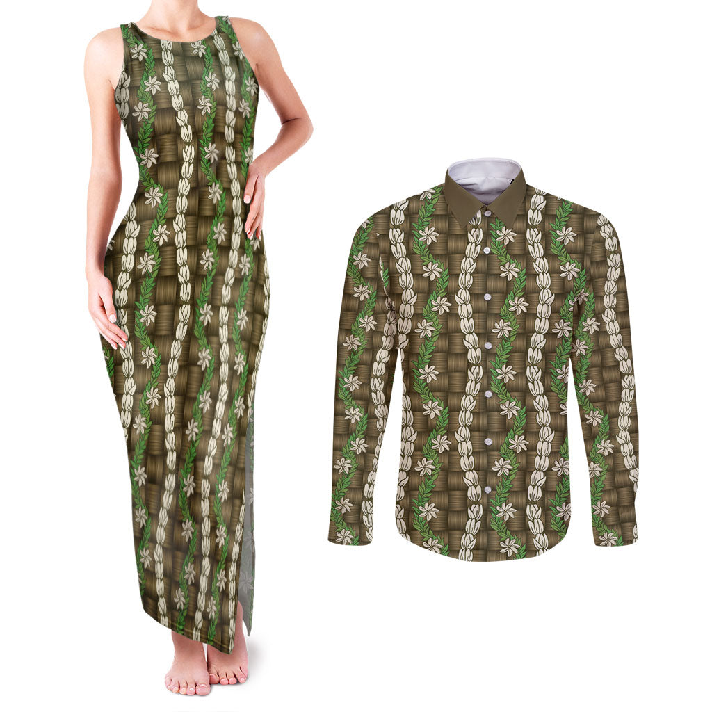 Pikake Maile Tiare Lei Couples Matching Tank Maxi Dress and Long Sleeve Button Shirt Natural Lauhala Pattern LT01 Brown - Polynesian Pride
