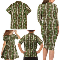 Pikake Maile Tiare Lei Family Matching Long Sleeve Bodycon Dress and Hawaiian Shirt Natural Lauhala Pattern LT01 - Polynesian Pride