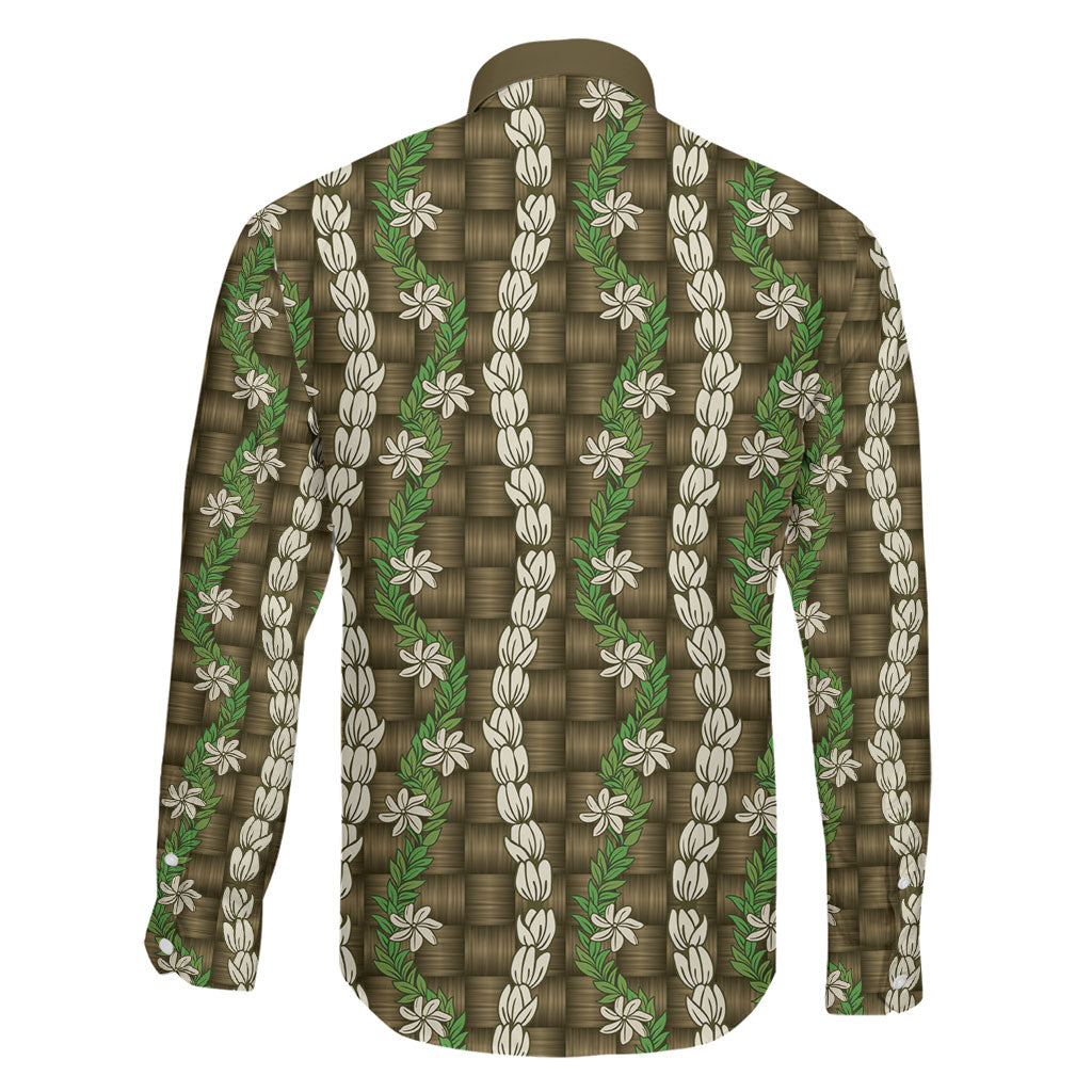 Pikake Maile Tiare Lei Family Matching Long Sleeve Bodycon Dress and Hawaiian Shirt Natural Lauhala Pattern LT01 - Polynesian Pride