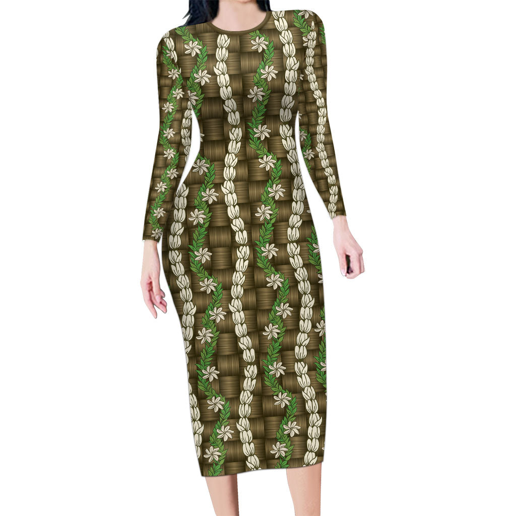 Pikake Maile Tiare Lei Family Matching Long Sleeve Bodycon Dress and Hawaiian Shirt Natural Lauhala Pattern LT01 Mom's Dress Brown - Polynesian Pride