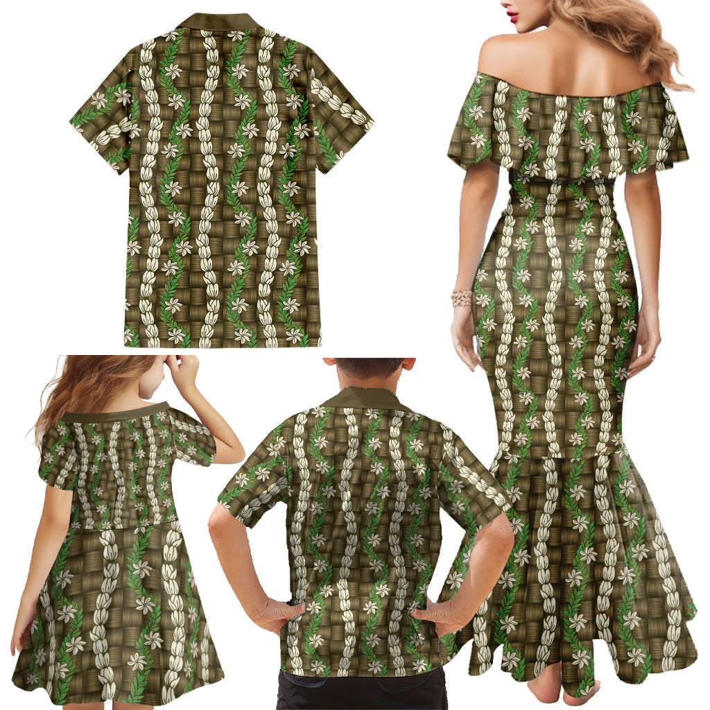 Pikake Maile Tiare Lei Family Matching Mermaid Dress and Hawaiian Shirt Natural Lauhala Pattern LT01 - Polynesian Pride