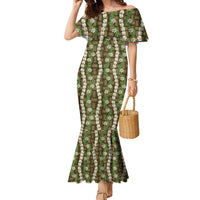Pikake Maile Tiare Lei Family Matching Mermaid Dress and Hawaiian Shirt Natural Lauhala Pattern LT01 Mom's Dress Brown - Polynesian Pride