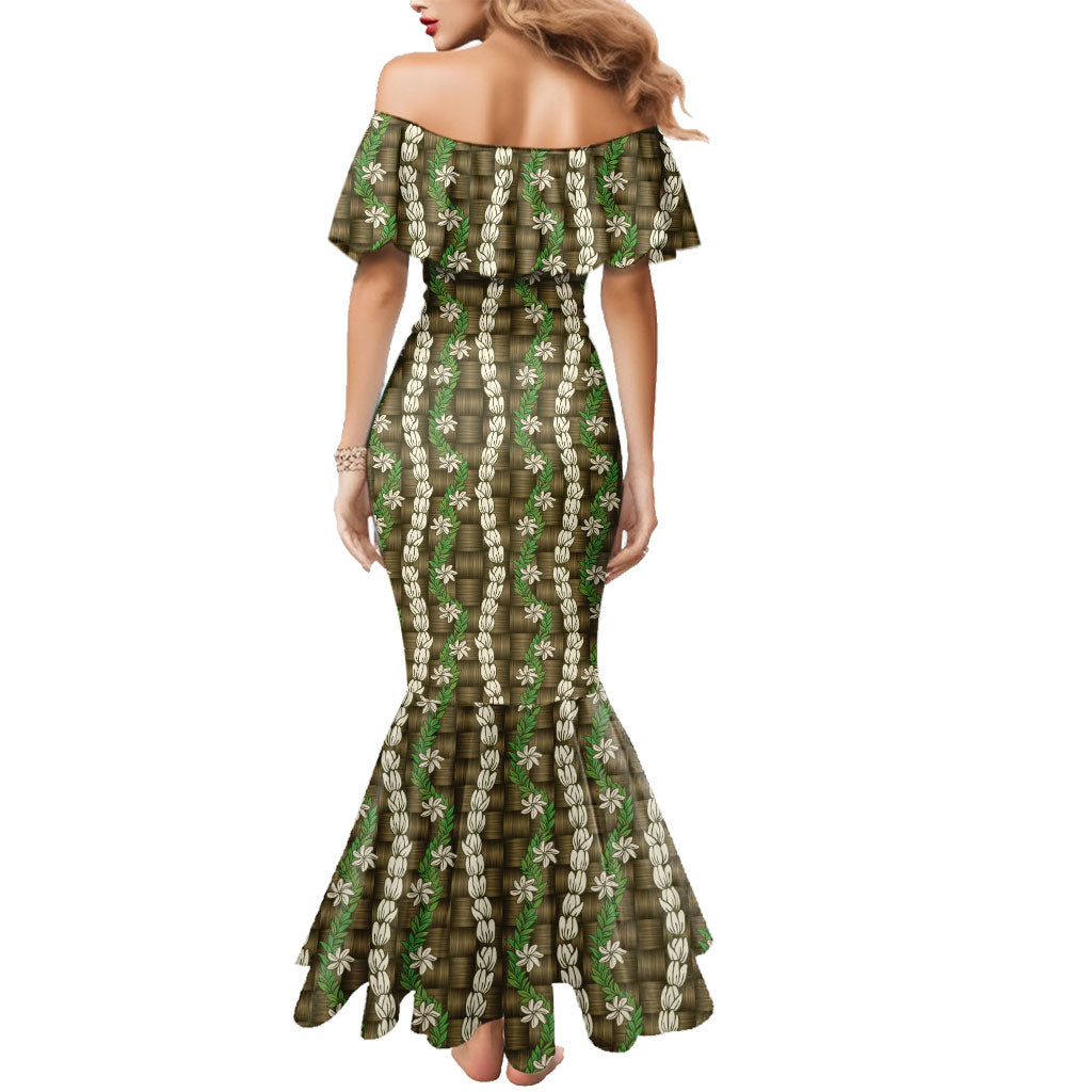 Pikake Maile Tiare Lei Family Matching Mermaid Dress and Hawaiian Shirt Natural Lauhala Pattern LT01 - Polynesian Pride