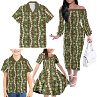 Pikake Maile Tiare Lei Family Matching Off The Shoulder Long Sleeve Dress and Hawaiian Shirt Natural Lauhala Pattern LT01 - Polynesian Pride