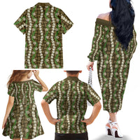 Pikake Maile Tiare Lei Family Matching Off The Shoulder Long Sleeve Dress and Hawaiian Shirt Natural Lauhala Pattern LT01 - Polynesian Pride
