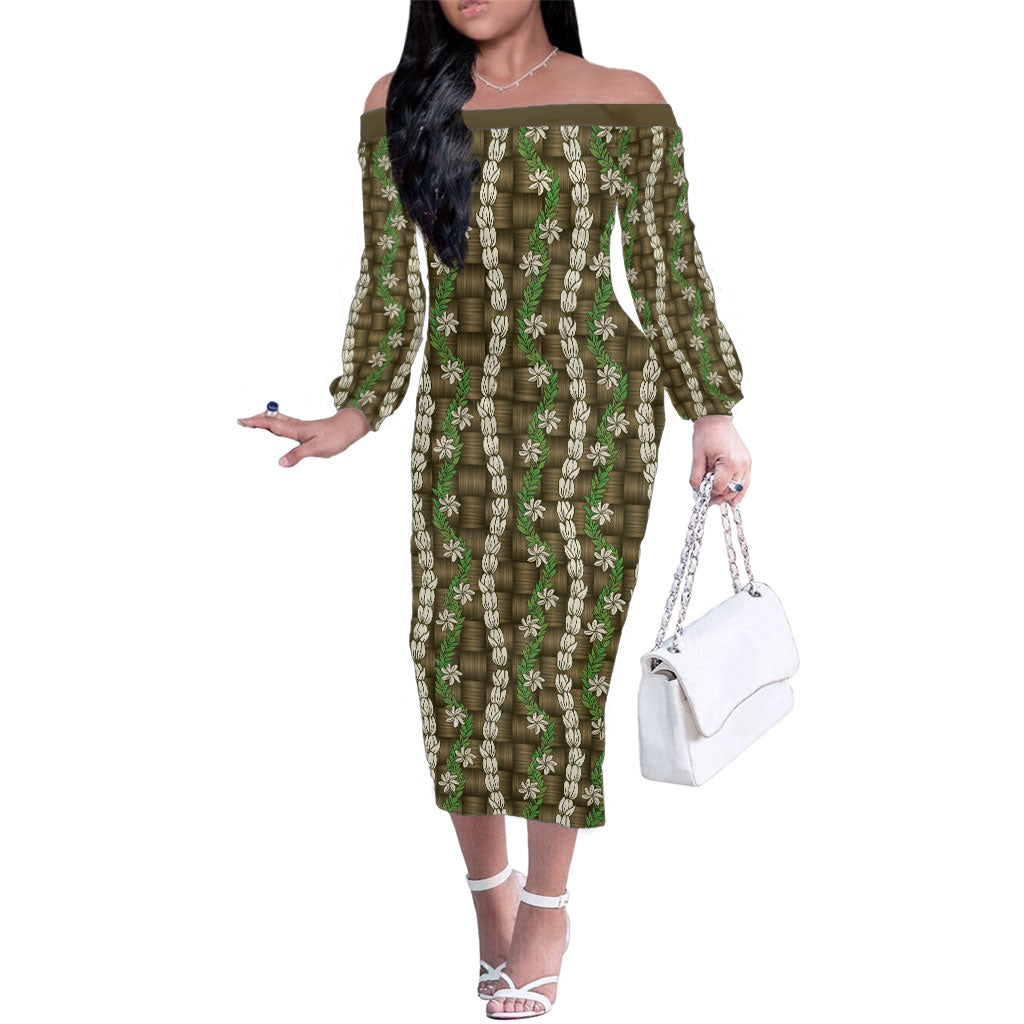 Pikake Maile Tiare Lei Family Matching Off The Shoulder Long Sleeve Dress and Hawaiian Shirt Natural Lauhala Pattern LT01 Mom's Dress Brown - Polynesian Pride