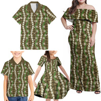 Pikake Maile Tiare Lei Family Matching Off Shoulder Maxi Dress and Hawaiian Shirt Natural Lauhala Pattern LT01 - Polynesian Pride