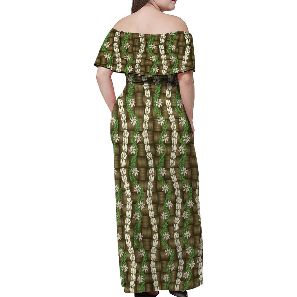 Pikake Maile Tiare Lei Family Matching Off Shoulder Maxi Dress and Hawaiian Shirt Natural Lauhala Pattern LT01 - Polynesian Pride