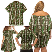 Pikake Maile Tiare Lei Family Matching Off Shoulder Short Dress and Hawaiian Shirt Natural Lauhala Pattern LT01 - Polynesian Pride
