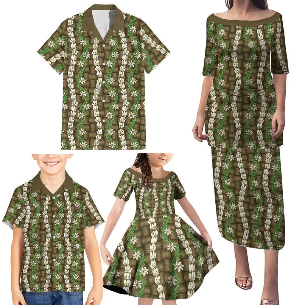 Pikake Maile Tiare Lei Family Matching Puletasi and Hawaiian Shirt Natural Lauhala Pattern