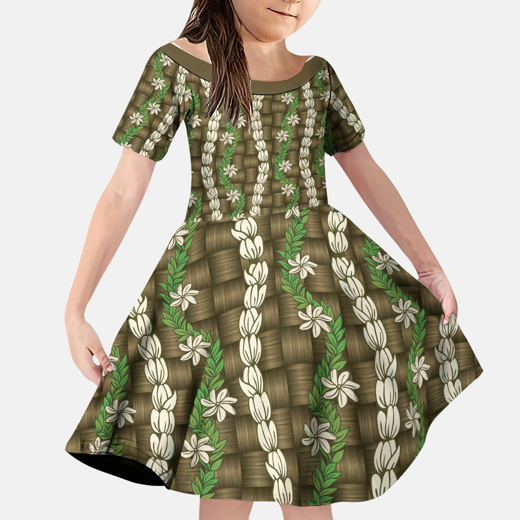 Pikake Maile Tiare Lei Family Matching Short Sleeve Bodycon Dress and Hawaiian Shirt Natural Lauhala Pattern LT01 Daughter's Dress Brown - Polynesian Pride