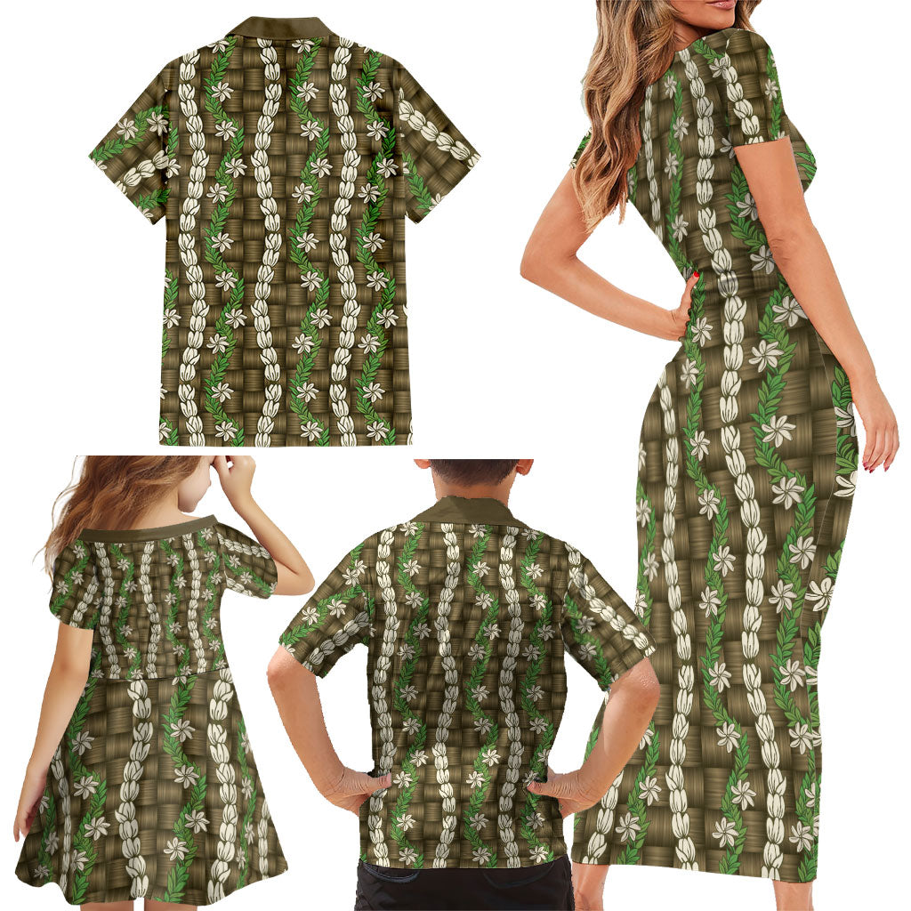 Pikake Maile Tiare Lei Family Matching Short Sleeve Bodycon Dress and Hawaiian Shirt Natural Lauhala Pattern LT01 - Polynesian Pride