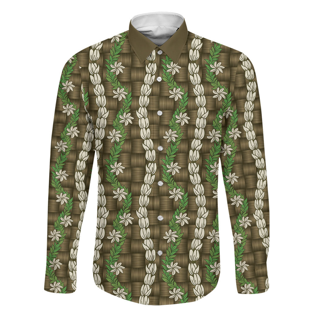 Pikake Maile Tiare Lei Family Matching Summer Maxi Dress and Hawaiian Shirt Natural Lauhala Pattern LT01 Dad's Shirt - Long Sleeve Brown - Polynesian Pride