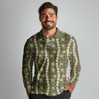 Pikake Maile Tiare Lei Long Sleeve Polo Shirt Natural Lauhala Pattern