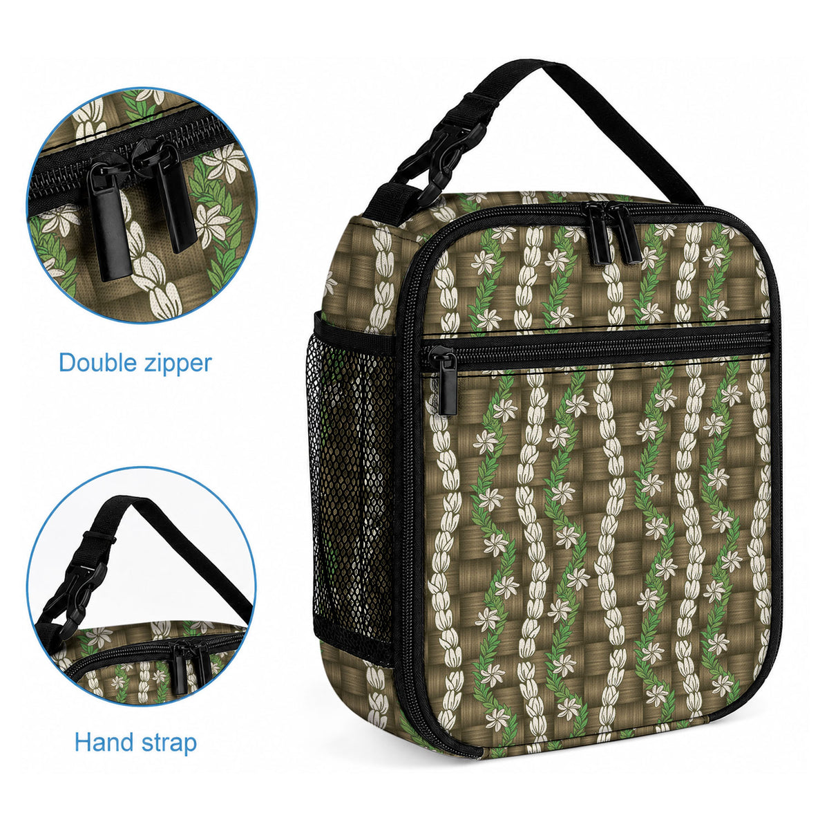 Pikake Maile Tiare Lei Lunch Bag Natural Lauhala Pattern