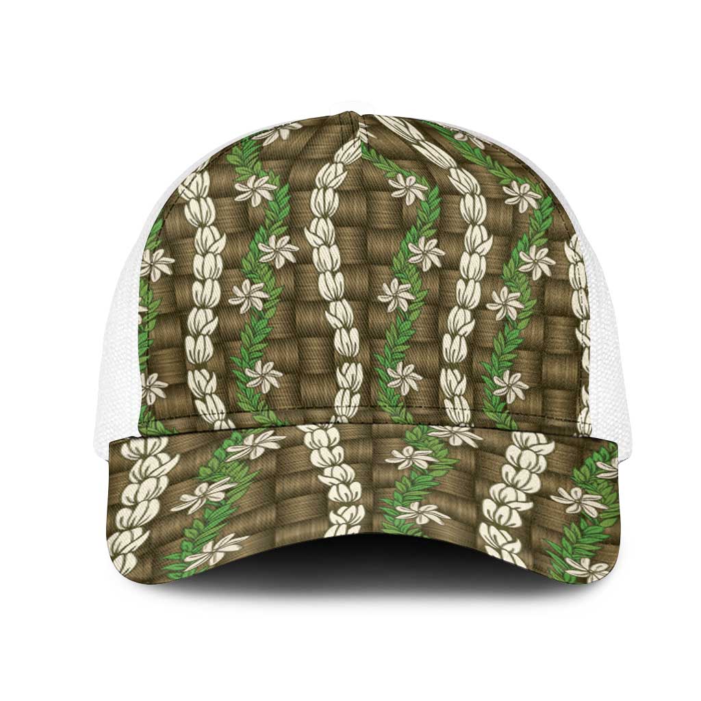 Pikake Maile Tiare Lei Mesh Trucker Cap Natural Lauhala Pattern LT01 One Size White Brown - Polynesian Pride